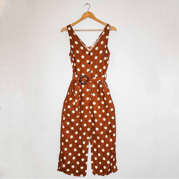 Monteau Rust and Cream Polka Dot Jumpsuit M, Button, Belted, crop - Picture 1 of 14